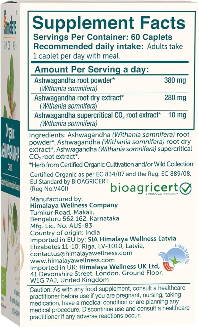 Organic Ashwagandha, 60 tabs (2 months supply), Himalaya Wellness