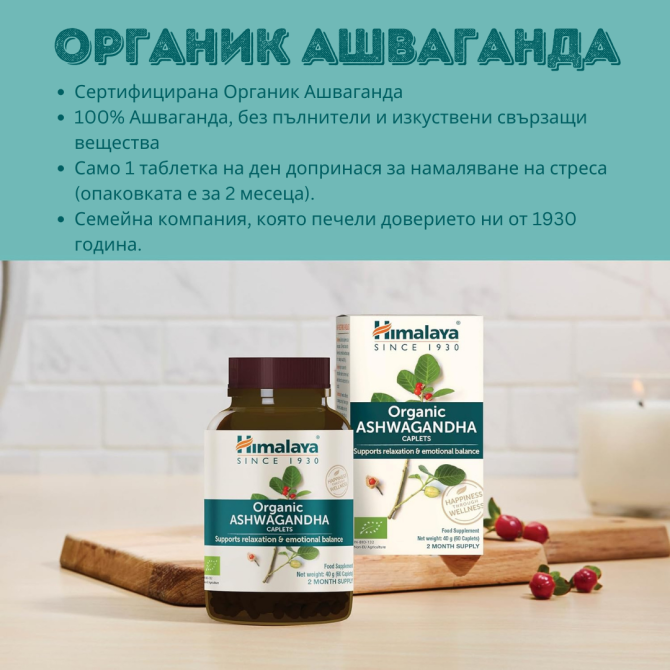 ОРГАНИК Ашваганда, 60 таблетки (ДВУМЕСЕЧЕН прием), Himalaya Wellness