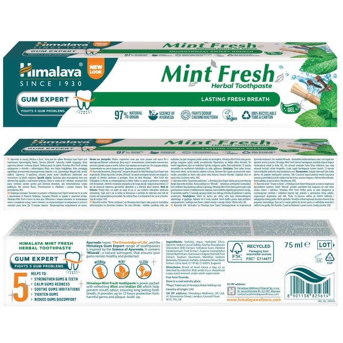 Гел паста за зъби с мента без флуорид MINT FRESH, Himalaya Wellness, 75 ml