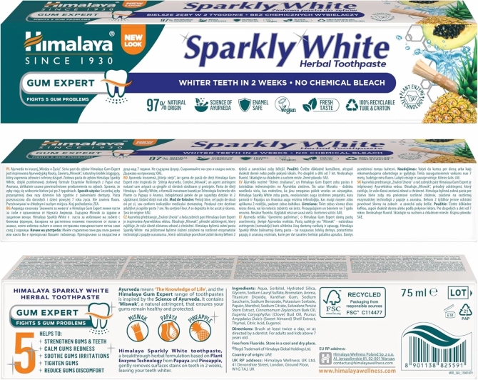 Избелваща паста за зъби без флуорид  SPARKLY WHITE, Himalaya, 75 ml